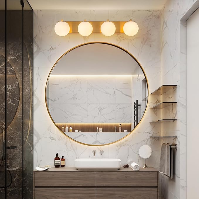 Lingkai Gold Bathroom Light Fixtures,4-Light Bathroom Vanity Light Over Mirror,Mid Century Modern Vanity Lighting Fixtures with Milky White Glass Globe Shades,33 Inch Wall Sconce Lamp