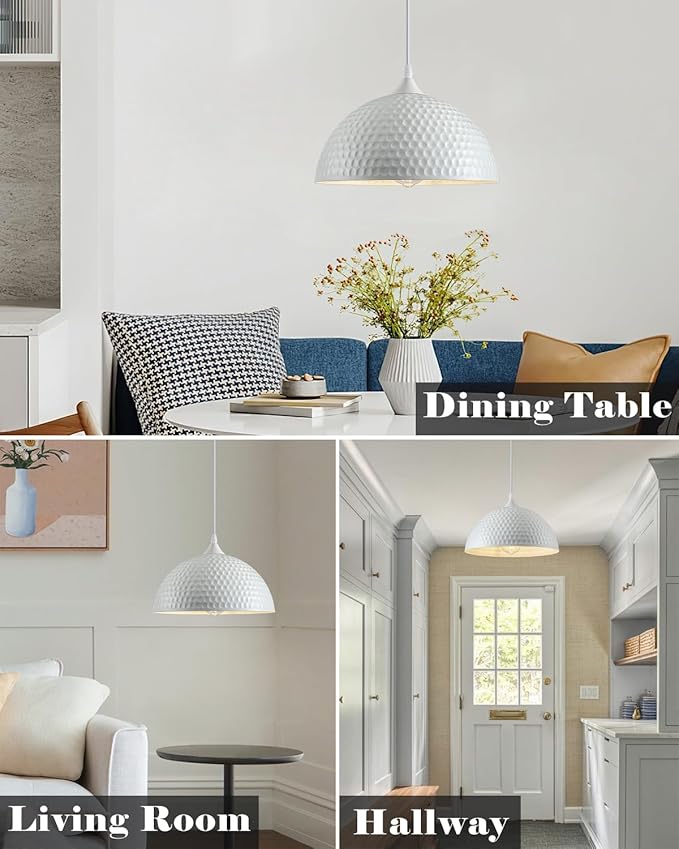 Hammered Dome Pendant Light 1 Pack, White Pendant Lights, 12 Inch Metal Industrial Pendant Light, Kitchen Island Pendant Lights for Kitchen, Dining Room, Bar