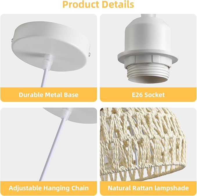 Rattan Pendant Light, Boho Dome Dining Room Chandelier, White Woven Kitchen Pendant Lighting over Island, Coastal Wicker Light Pendant Hanging Light Fixture for Nursery Entryway Bedroom, E26 Base