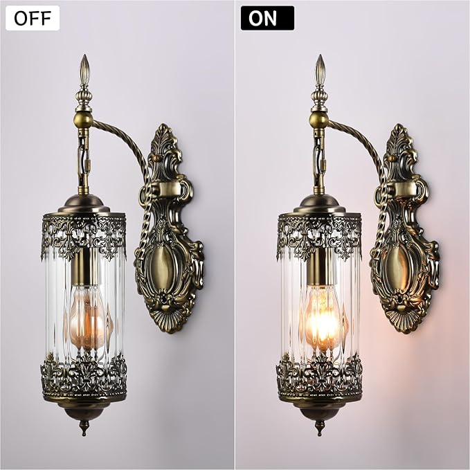 Rustic Wall Sconce with Clear Glass,Vintage Antique Gothic Wall Light Fixture E26 Mid Centry Lantern Bedside Sconces Wall Lighting for Living Room Bathroom Hallway Mirror