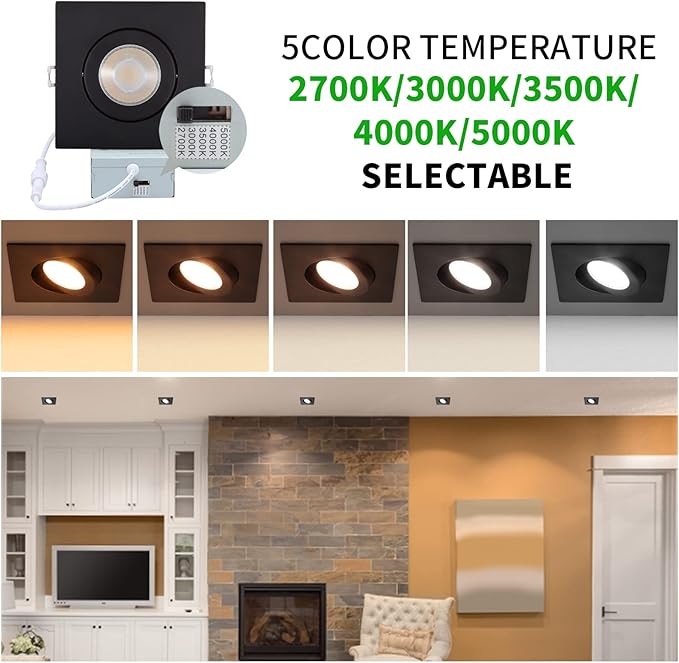 KnLnny Ware Black Square Recessed Lighting 4 inch 6 Pack with Gimbal,Canless Eyeball Recessed Lightswith Junction Box,dimmable, 5CCT Selectable,9W 750LM