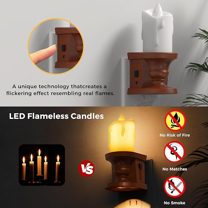 L LOHAS LED Night Light,[2-Pack] Flameless Candle Night Light with 3 Lighting Model, Dusk to Dawn Sensor,Brightness Adjustable,3000K Soft White,Vintage Nightlight for Middle Age Decor