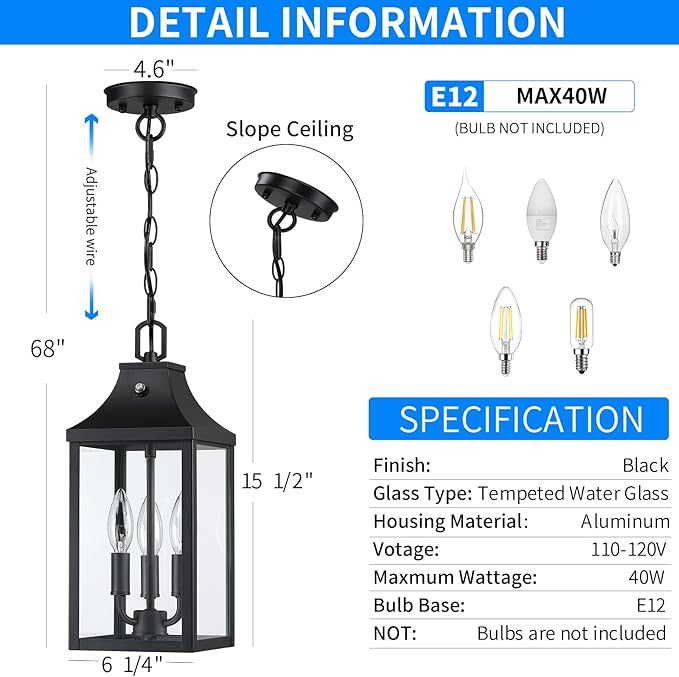 Large Outdoor Pendant Light Fixtures 3-Light, 15'' Dusk to Dawn Exterior Hanging Lantern Porch Light Adjustable, Black Hanging Lamp Farmhouse Exterior Chandelier Ceiling Mount for Entrance Patio