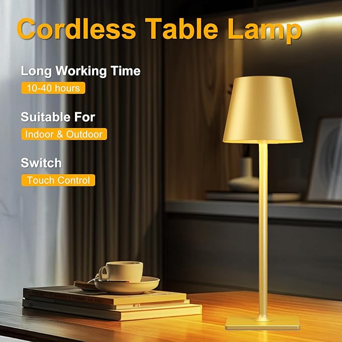 Yogaret 2 Pack Gold Rechargeable Table Lamps,Cordless Lamp with 6000mAh Battery Operated,Wireless Lamp for Restaurant Home Dinner Dining Kitchen Outdoor Patio,Waterproof & Portable