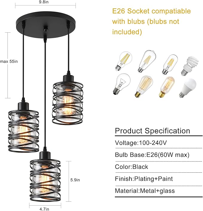 3 Light Pendant Lights Kitchen Island Black Pendant Light Fixtures Spiral Iron Kitchen Island Lighting with Clear Glass Shade Adjustable Hanging Light Fixtures