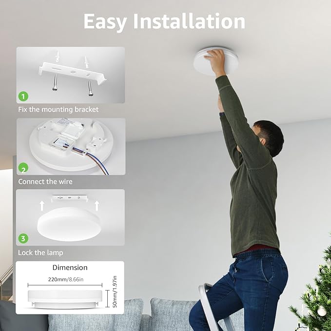 Lepro 8.7 inch Flush Mount LED Ceiling Light for Bathroom, Waterproof, 5000K Daylight White, 1500 LM 15 watt, 120 watt Equiv. Round Flat Low Profile Ceiling Fixture for Laundry, Kitchen, Hallway