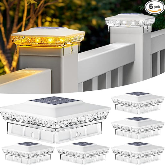 btfarm 4x4 Solar Post Cap Lights Outdoor, 2 Modes 16 LED Fence Deck Post Lights, 6 Pack Waterproof White Solar Powered Lighting Outside Fit 4x4 3.5x3.5 Wooden/Vinyl for Porch Patio Garden