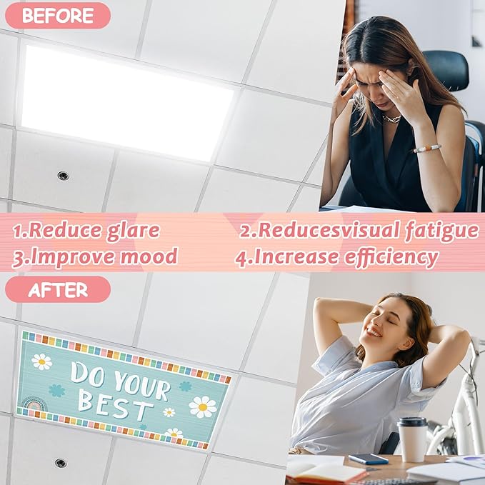 Wiooffen 6 Pcs Fluorescent Light Covers with 60 Magnets Decorative for Classroom Ceiling Lights 4 x 2 Feet Magnetic Light Cover Filter Easy Install for Office Hospital Home Ceiling Supplies (Boho)