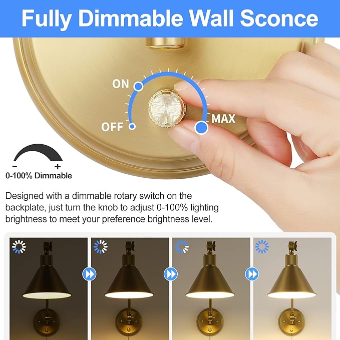 TRLIFE Wall Sconces Plug in, Dimmable Wall Sconces Brushed Brass Swing Arm Wall Lights Plug in Wall Mounted Light Industrial Wall Lights with 6FT Plug in Cord, E26 Base, UL Listed(2 Pack, 2 Bulbs)