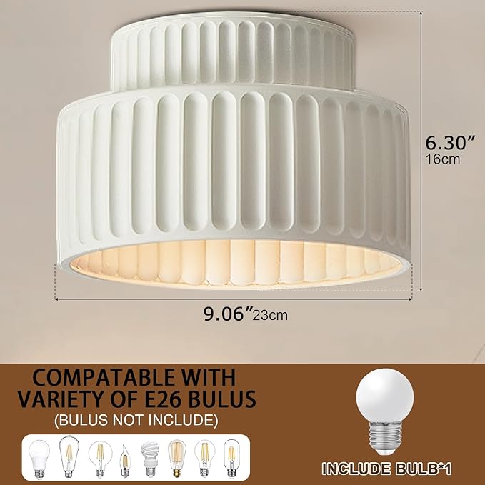 Mid Century Cream Semi Flush Mount Ceiling Light Nordic Style Round 9.1" D x 9.1" W x 6.3" H E26 Base LED Ceiling Lamp for Bedroom, Living Room, Kitchen, Hallway
