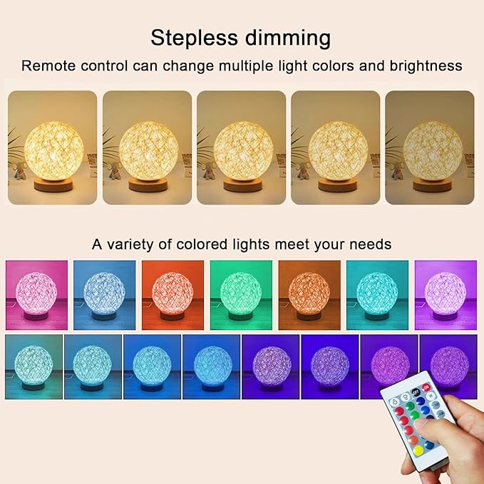 2-Pack 16 Colors RGB Modern Rattan Woven Table Lamp, Bedside Lamps Remote Control Dimmable, Boho Wicker Bamboo Woven Nightstand Desk Lamp for Bedrooms Living Rooms Desks Office Vintage Lamp