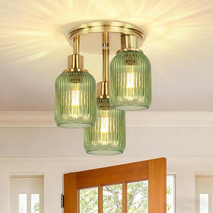 Semi Flush Mount Ceiling Light, 3-Light Close to Ceiling Light Fixtures, Brass Gold Finish Kitchen Light Fixtures with Green Glass Shades Patriot Lighting for Entryway Porch Hallway, Gold & Green