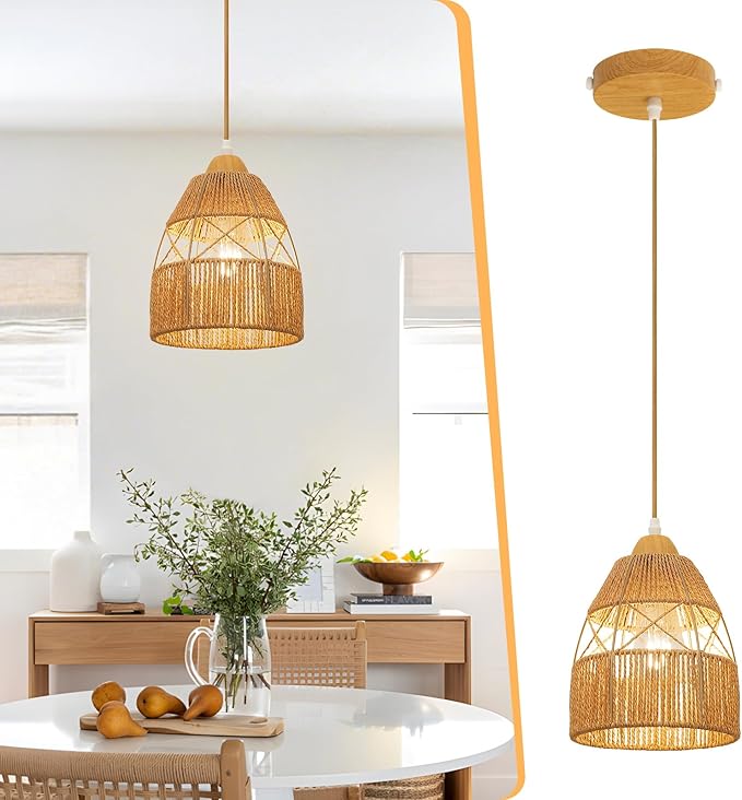 Boho Rattan Pendant Light Kitchen Island,Farmhouse Chandeliers Adjustable Height Hanging lamp for Dining Room,Kitchen Ceiling Lights Fixtures with Hand Woven Wicker Lampshade Lighting