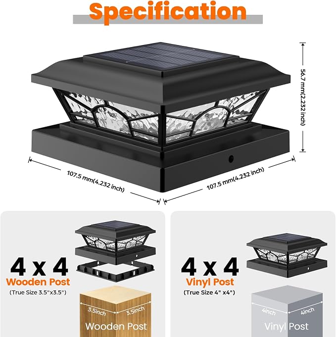 Brightever 4x4 3.5x3.5 Solar Post Cap Lights, 8-Pack Solar Powered Fence Post Light Outdoor Waterproof for Vinyl/Wooden Post, 2 Modes(Warm/Cool Light), Black Solar Deck Post Lights for Patio, Porch