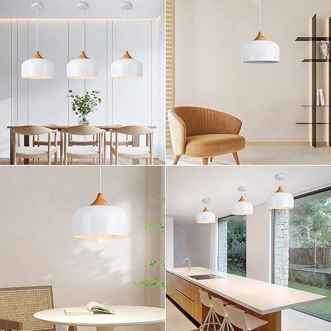 Modern Large Pendant Lights,Wooden Dome Pendant Light Fixture,Adjustable Hanging Pendant Lighting,ChandelierLamp for Kitchen Island,Dining Room,Hallway,Bedroom(White)