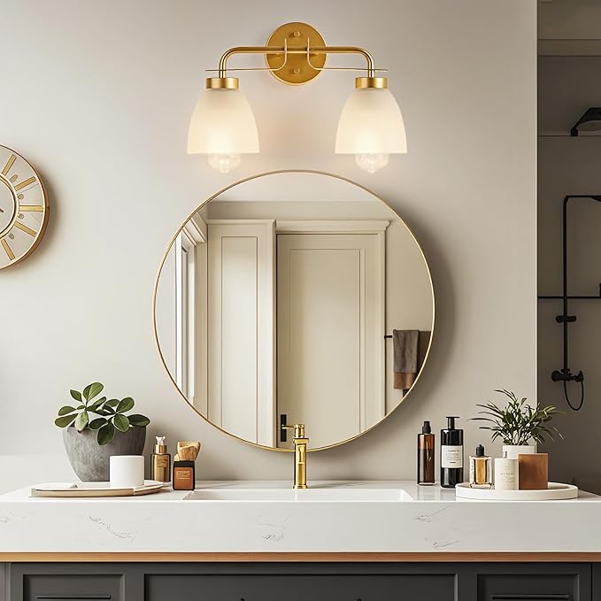 16 Inch Mid-Century Modern Vanity Lights, 2-Light Golden Bathroom Light Fixture with Frosted White Bell Shades, Industrial Wall Sconce for Mirror Over Vanity, Bedroom, Hallway (2 Pack)