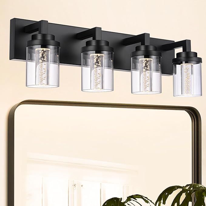 MELUCEE 4-Light 5 Color Dimmable Vanity Lights for Bathroom Bubble Crystal LED Bathroom Lighting Fixtures Over Mirror, Black LED Wall Sconce with Clear Glass Shade, Built-in Led Chips