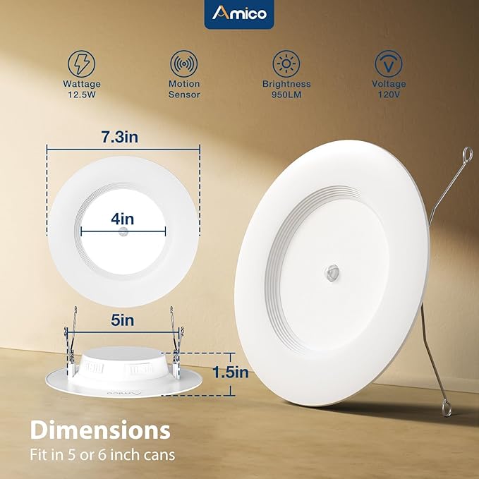 Amico 1 Pack 5/6 inch Motion Sensor Recessed Light, 12.5W=100W, 950LM, 2700K/3000K/4000K/5000K/6000K Selectable, LED Retrofit Can Lights, IC Rated - ETL & FCC, White