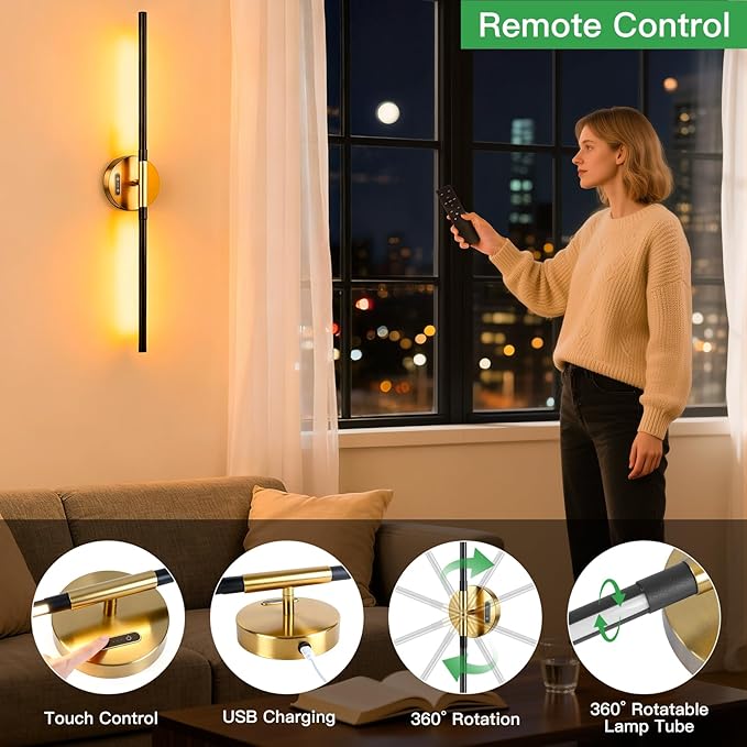 Battery Operated Wall Sconces with Remote, Dimmable Wall Sconces Set of 2, 3000K/4500K/6000K, 360° Rotate, Rechargeable Wall Lights for Living Room Bedroom Hallway