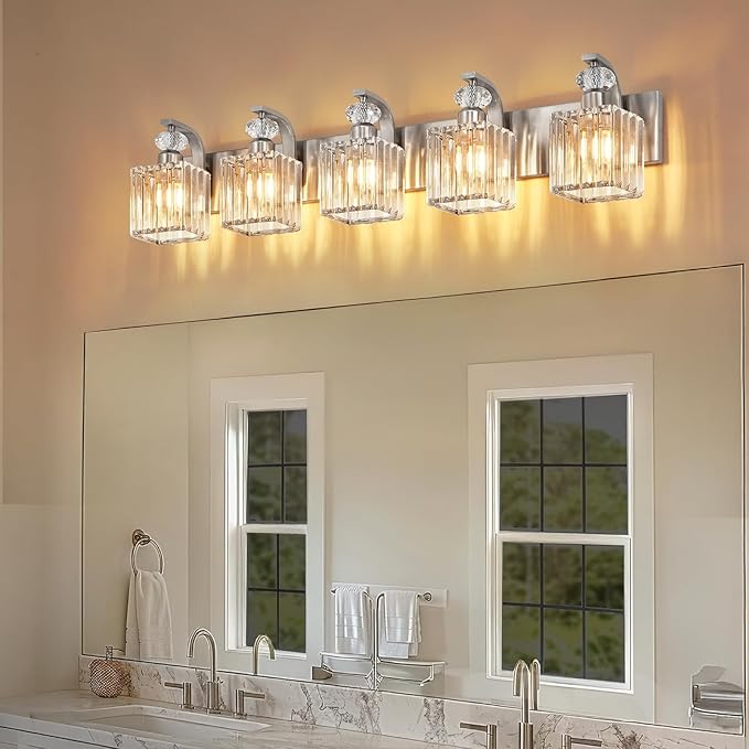 Modern Bathroom Vanity Light, 5-Light Nickel Bathroom Lighting Fixtures Over Mirror, 36.3" Crystal Wall Light Sconce for Bathroom/Bedroom/Vanity, Includes LED Bulbs, Easy Installation