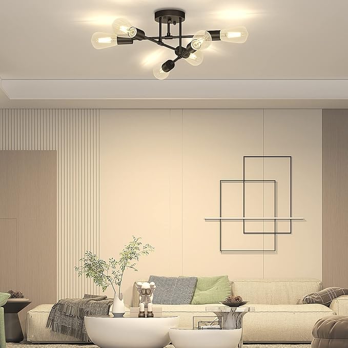 Asnxcju Modern Semi Flush Mount Ceiling Light, 6-Lights Black Sputnik Chandelier for Bedroom Lighting, Industrial Kitchen Light Fixture Ceiling Mount for Dining Room Hallway Living Room, UL Listed