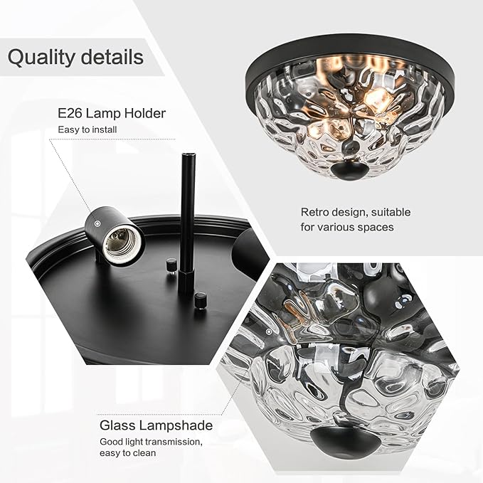 Flush Mount Ceiling Light Fixtures, 2-Light Ceiling Mount for Farmhouse with Seeded Glass Lampshade, Industrial Flush Mount Light Fixture Farmhouse for Hallway, Kitchen, Entryway,Bedroom
