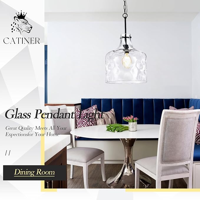 CATINER Extra Large 16" Vintage Farmhouse Pendant Light – Hand-Blown Clear Hammered Glass Shade, Adjustable Chain, Hanging Light for Kitchen Island, Dining Room, Hallway, Black Finish