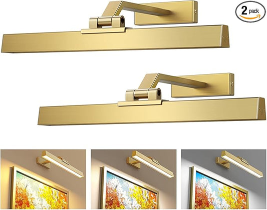 Afyuol Picture Lights for Wall, Brushed Gold Battery Operated Picture Light 16in Art Light CCT Dimmable Recharging Battery Wall Light with Remote Control for Living Room Gallery 2PCS