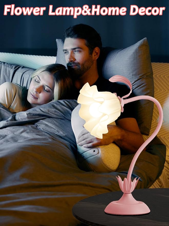 AQDZCNF Flower Table Lamp,LED Reading Light Bedside Vintage Flower Night Light,3 Colors Modes Kawaii Bedside Lamps Decor,Living Room Bedroom Room Lighting Table Lamps Home Decoration (Pink)