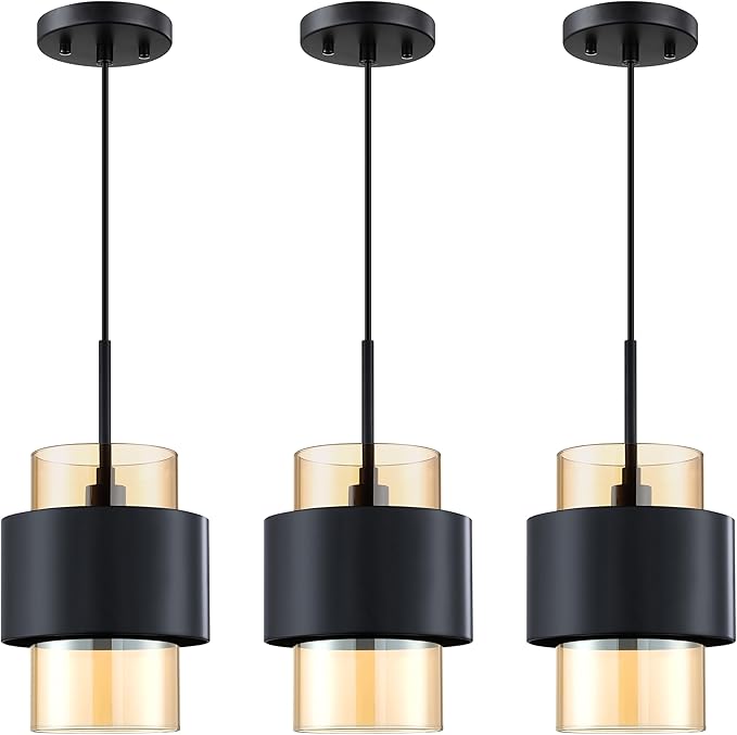 3 Pack 1 Light Hanging Indoor Kitchen Island 6" Drum Clear Amber Glass Shade Pendant Ceiling Light Fixtures,Black Finish Modern Farmhouse Dinning Over Sink