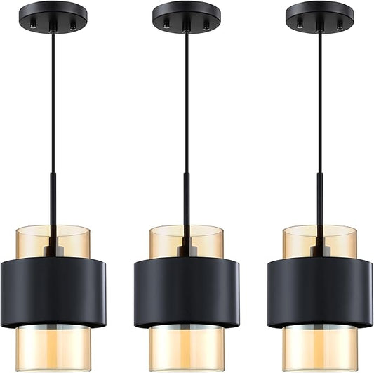 3 Pack 1 Light Hanging Indoor Kitchen Island 6" Drum Clear Amber Glass Shade Pendant Ceiling Light Fixtures,Black Finish Modern Farmhouse Dinning Over Sink