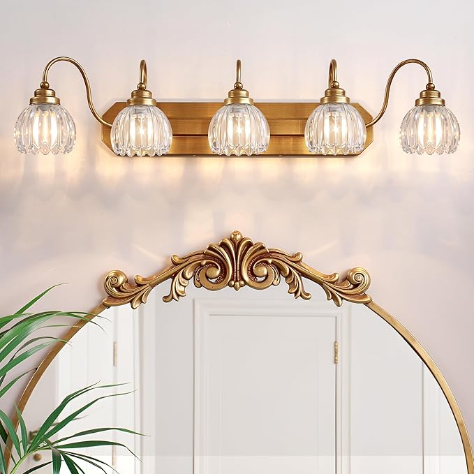 Gold Vanity Light, Vintage Bathroom Light Fixtures, 5-Light Matte Antique Brass Finish with Crystal Glass Shade, Mid Century Style Wall Sconces for Bedroom, Living Room