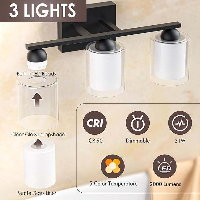 Quntis Black Bathroom Lighting Fixtures Over Mirror with 5 Color Modes, 3 Light Dimmable LED Bathroom Vanity Light, with Eye Care Milk White Frosted Glass, 21W Energy Saving, 16 Inch (Bulbs Included)