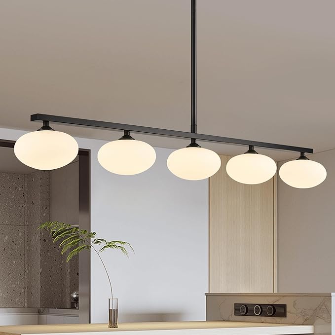 5-Light Linear Chandelier, Black Kitchen Island Light, Mid Century Globe Chandelier, Dining Room Light Fixture with Milk Glass Shades