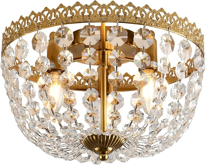 Crystal Flush Mount Ceiling Light Fixture 3 Lights French Empire Chandeliers Lighting for Dining Living Room Foyer Kitchen Bedroom Hallway Entryway,Brushed Brass Finish,W12.6 inch X H8.27inch