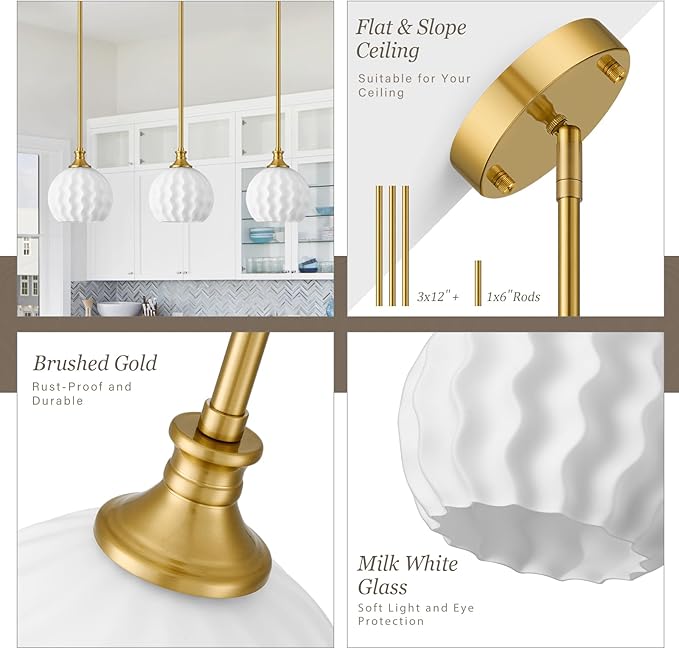 Milk Glass Pendant Lights Kitchen Island 2 Pack, 7.3" Brushed Gold Modern Pendant Light Fixtures with Rods, Globe Hanging Lighting for Kitchen Sink Bathroom Dining Room, LTMM07-2PBG