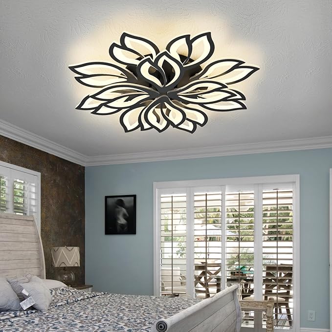 Modern Ceiling Light with APP & Remote Control, Dimmable LED Flush Mount Chandelier with 3-Color, Black Acrylic Flower Ceiling Light Fixture for Living Room Dining Room Bedroom Kitchen-12-Leaves