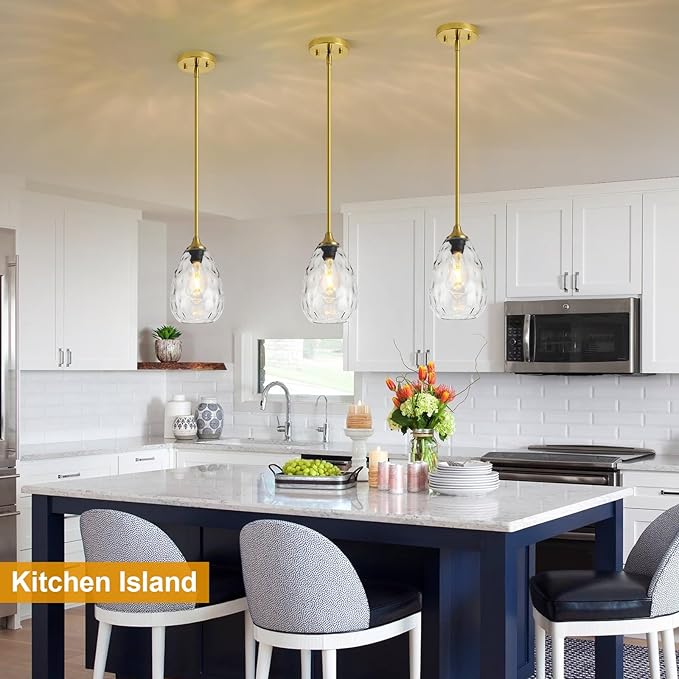 Glass Pendant Lights Kitchen Island, 6.3in Small Modern Gold Pendant Light Fixtures with Hammered Clear Glass, Hanging Lighting for Kitchen Over Sink Dining Room Bedroom
