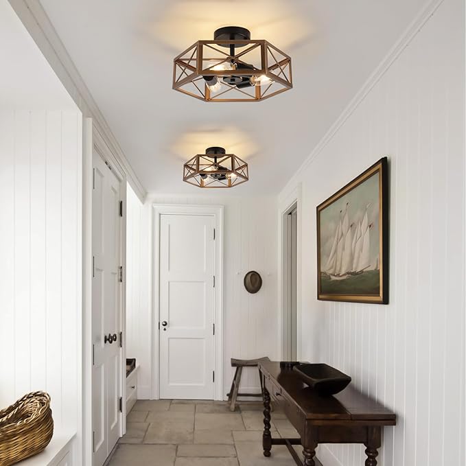 WILON Flush Mount Ceiling Light Fixture for Kitchen - 3 Light Industrial Close to Ceiling Lighting, Bronze Farmhouse Metal Cage Hexagon Lamp for Hallway Kitchen Dining Room Entryway Foyer