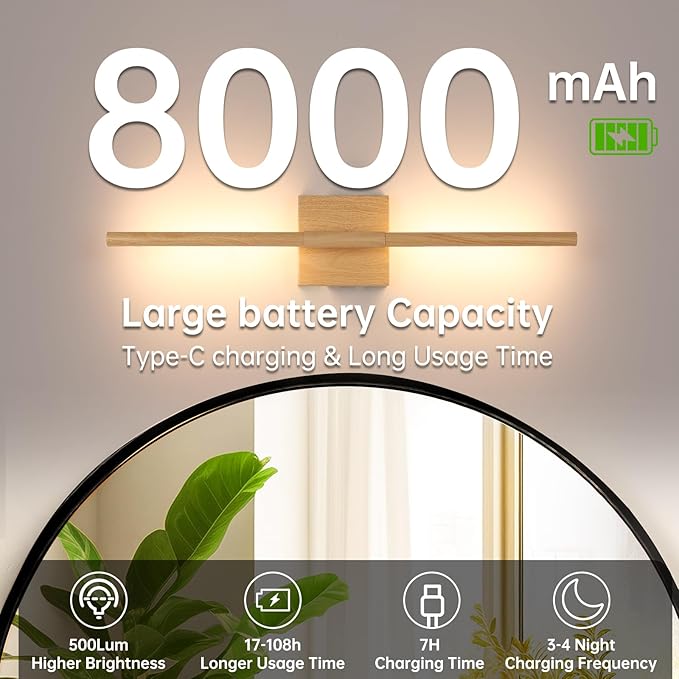 Shenmoyl Battery Operated Wall Sconce Set of 2, 8000mAh Rechargeable Wall Sconces, 3000K-6000K Dimmable, 350°Rotate, Indoor Wall Lights for Bedroom Living Room, Original Wood, 23.6 Inch