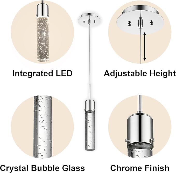 Vivio Lighting Modern Pendant Light Mini Pendant Lighting for Kitchen Island Crystal Bubble Glass LED Adjustable Hanging Lights for Dining Room Over Table Chrome 4000K