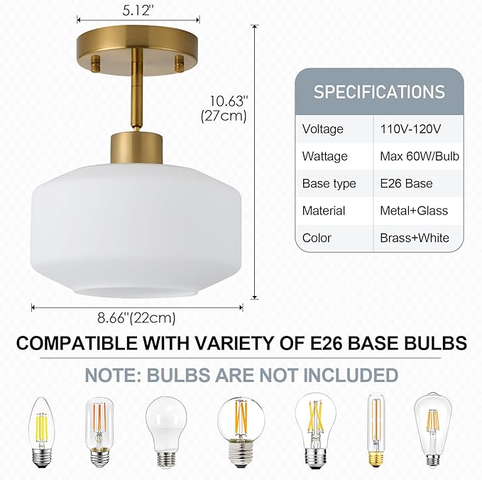 Upgraded Modern Brass Semi Flush Mount Ceiling Light Fixture, Adjustable Hanging Gold Farmhouse Ceiling Light, 8.66" Milk White Glass Shade, Sloped Ceiling Adaptable, for Hallway, Entryway, Kitchen