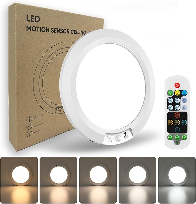 Rechargeable Motion Sensor Ceiling Light, 7.5" Ultra-Thin 8000mAh Battery, 450 LM, 5 Color Temps, Dimmable with Timer & Remote, Magnetic Stick-On/Screw Mount for Closet, Hallway, Pantry, 1-Pack