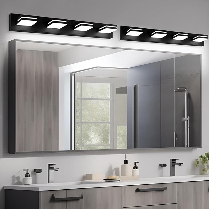 OKELI 4 Light Bathroom Vanity Light Matte Black Modern 32W LED Dimmable Vanity Light Over Mirror 350° Adjustable Lamp Head Cold White 6000K ETL Listed 30Inch