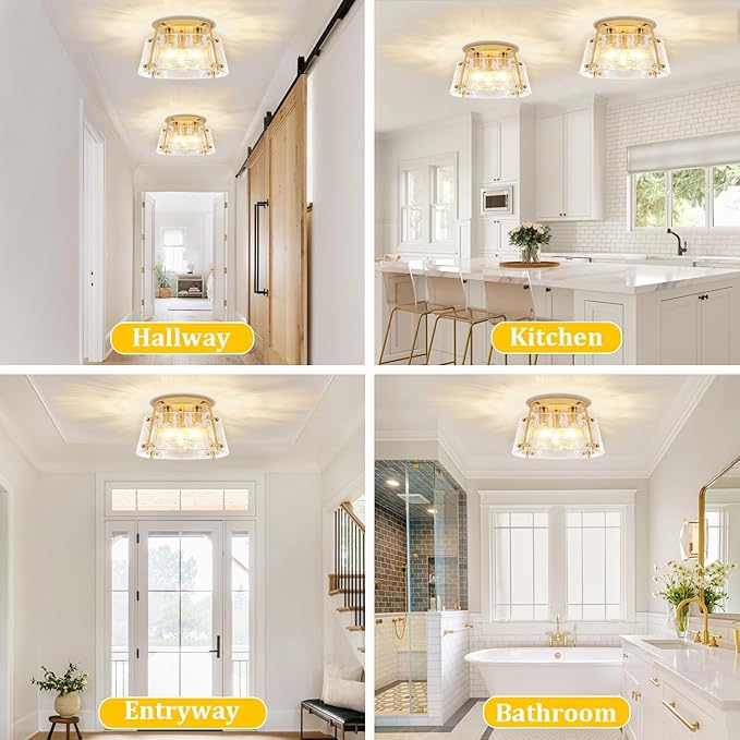 Gold Semi Flush Mount Ceiling Light 3-Light Modern Hammered Glass Chandelier Entryway Light Fixtures Kitchen Lighting Close to Ceiling Lights for Hallway Dining Room Bathroom Bedroom Foyer