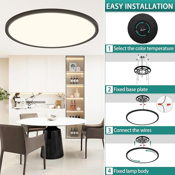 20 Inch LED Flush Mount Ceiling Light,48W Ultra-Thin Modern Round Light Fixture with Remote,Dimmable 3000K-6000K,Black,4800LM,Memory & Night Light Mode for Bedroom, Kitchen,Living Room