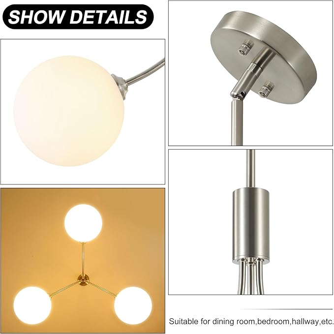 CNRATYE 3-Light Brushed Nickel Chandelier Milk Globe Glass Pendant Lights Kitchen Island, Modern Sputnik Globe Chandeliers for Dining Room Entryway Hallway Foyer Bedroom Office Bathroom