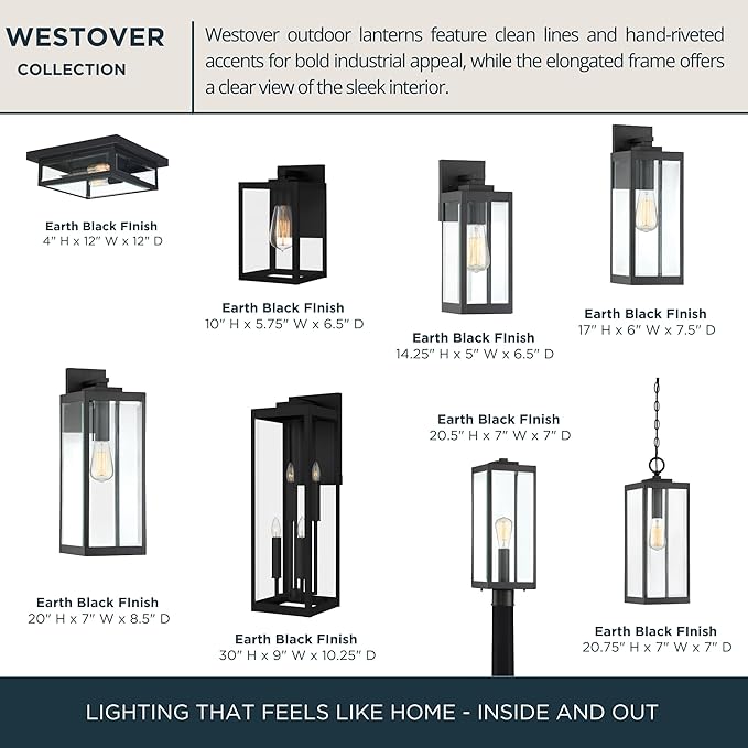 Quoizel Westover 12" Outdoor Flush Mount Ceiling Light, 2-Light Earth Black with Clear Beveled Glass, E12 Base, ETL Damp Rated