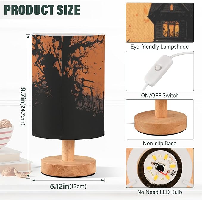 Aslsiy Spooky Castle Halloween Moon Bedside Table Lamp Orange Nightstand Lamp Night Light Fabric Shade for Bedroom Living Room Home Office