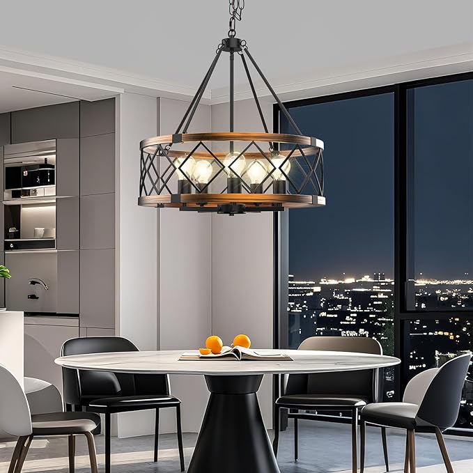 5-Light Black and Gold Chandelier, Farmhouse Industrial Pendant Light Adjustable Height Metal Hanging Fixture E26 Base for Kitchen Island, Dining Room, Living Room